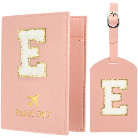 PATIKIL Passport Holder for Travel, Initial Passport Cover and Luggage Tag Set with Alphabet Chenille Letter Patch Travel Wallet Bag Suitcase Identifier for Women Family Travel Pink E