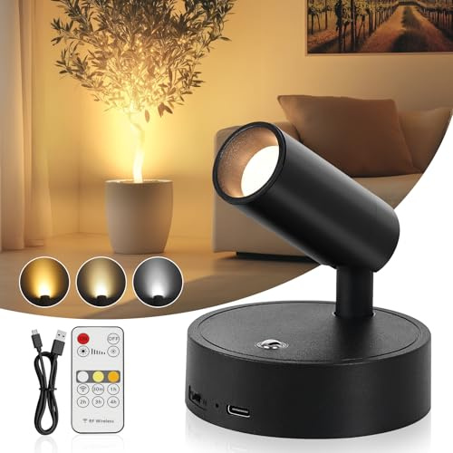 TaoFiaCo Lámpara de pared LED Recargable para Interiores Negro - Lámpara de Pared USB con Mando a Distancia 3 Colores Regulable - Foco LED Inalámbrico para Iluminación de Cuadros Plantas Dormitorio