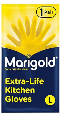 TSA Marigold Kitchen Gloves Large with Durable Triple Layered & Cotton Lining, Anti-Slip Grip & Roll-Top Cuffs – Rubber Gloves for Cleaning, Dishwashing & Household Tasks