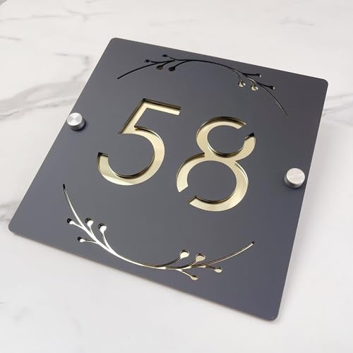 3D Hollow Acrylic House Number Sign with Ornamental Floral Design – Custom Laser Engraved Address Plaque for Wall, Matte Finish Floating Door Number Plate (Black Gold)