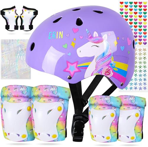 Kinderhelm für 3-8 Jahre,Unicorn Castle Schoner Set Verstellbarer Kinder Helm 7-in-1-Helm-Set, Knie Handgelenk und Ellbogenschützer für Skateboard, Skaten, Roller, Fahrrad