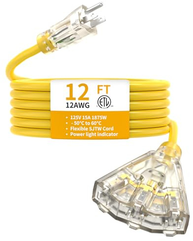 12FT 12 Gauge Heavy Duty Outdoor Extension Cord Waterproof with 3 Outlets Splitter & Lighted End, SJTW 15A 1875W 3 Prong Weatherproof Electric Cable Multi-Plug 3 way Power Cord, ETL Listed for Outside