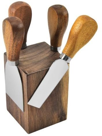 Bafnsiji Juego de Cuchillos para Queso de 4 Piezas, Tenedor para Queso de Acero Inoxidable, Cuchillo para Queso con Mango de Madera, Cuchillos para Queso y Soporte magnético de Madera