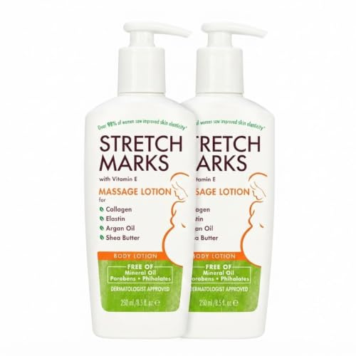 Stretch Marks Lotion Pack of 2 x 250ml | Cocoa Butter Massage Lotion for Pregnancy Stretch Mark Prevention | Vitamin E, Collagen, Elastin Formula | Hydrating Moisturizer for Bump & Body Care