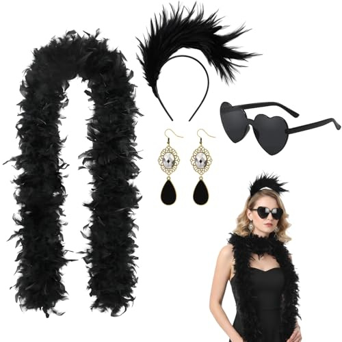 DqiUnaX Federboa Schwarz, 4-teiliges Set Mit Federboa, Herz Sonnenbrille, Kopfschmuck Und Ohrringen, 20er Jahre Accessoires Für Damen, Halloween Kostüm Für Teenager Mädchen