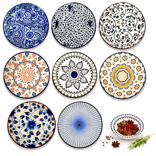 HAPLOVE Porcelain Tapas Bowls Set of 8, 10cm (4), Small Ceramic Dipping Bowls, Snack Bowls for Sushi, Sauce, Bohemian Style, Microwave & Dishwasher Safe, Perfect for Appetizers (8, 8 Style-B)