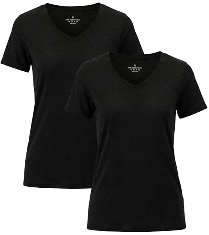 2er Pack Merino T Shirt Damen Kurzarm, Merinowolle V-Ausschnitt Shirt, Lightweight Thermo Undershirt Atmungsaktiv Frauen Base Layer (DE/NL/SE/PL, Alphanumerisch, M, Regular, Regular, 2, Black)