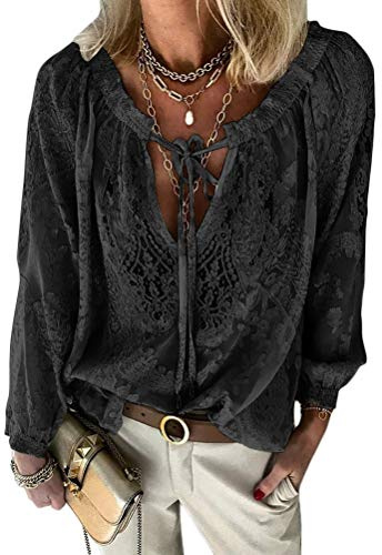 shownicer Camicia Donna Elegante Camicetta a Maniche Lunghe Boho Scollo a V Casual Blusa in Pizzo T-Shirt Tops Bluse Tunica Nero XXL