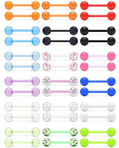 Ruifan 14G 16mm Flexible Acrylic Straight Tongue Ring Barbells Nipple Piercing Jewelry Retainer For Women Men Glow in the Dark Glitter Solid Color 36PCS