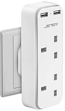 Double Plug Adaptor with 2 USB, JSVER Mini 2 Way Plugs Extension Sockets with USB Ports(5V/2.4A) Wall Charger Adapter, 13A UK 3 Pin Power Socket for Home, Office, Kitchen,White