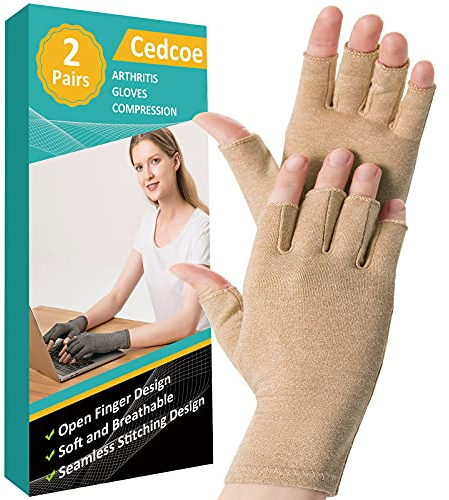Cedcoe 2 Pairs Arthritis Gloves Fingerless Compression Gloves for Relieve Rheumatoid Arthritis, Osteoarthritis, Carpal Tunnel, Joint Pain for Women and Men to Daily Work (Coffee, Medium)