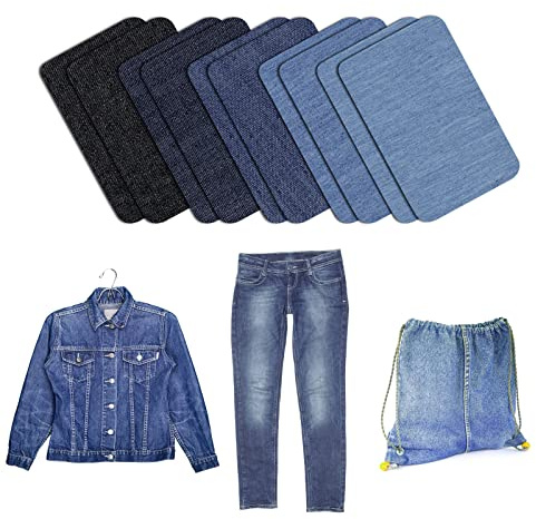 Jc.upin 10 Pcs Denim Patches for Jeans Repair,Iron-on Jean Patches Inside & Outside Strongest Glue 100% Cotton Assorted Shades of Blue Repair Decorating Kit Size 9.5 cm x 12 cm