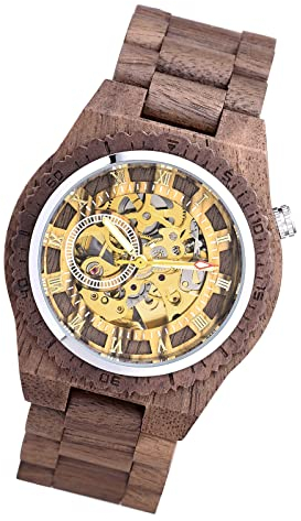 MicLee Herren Holzuhr Aushöhltes mechanisches Naturholz Zifferblatt Analog Quarzwerk Armbanduhr Für Männer Ehemann Geschenke
