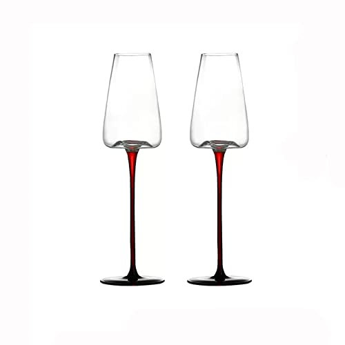 SISWIM Flûtes à Champagne Lot de 2 Verres à Champagne en Cristal de Style européen à Pied Rouge à Fond concave Verre à vin Grand Verre Mousseux 260 ML flûte à Champagne Coupes à Champagne