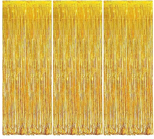 Gold Lametta Vorhänge,Goldene Folienvorhänge,3 Stück 2.5m Folie Fringe Vorhang, Metallisch Tinsel Curtain für Partydekor Geburtstags Ramadan Baby Shower Hochzeit Party Dekoration