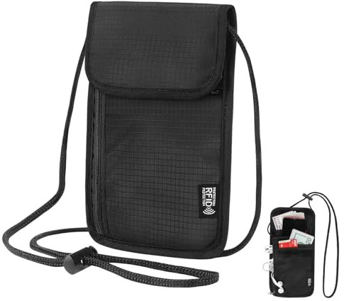 Brustbeutel Brusttasche mit RFID Schutz, Reisegeldbeutel Diebstahlsicher Wasserdicht Umhängebeutel Herren&Damen, Passport Tasche Für Reisen, Flugreise Zubehör für Smartphone, Geldkarten (Schwarz)