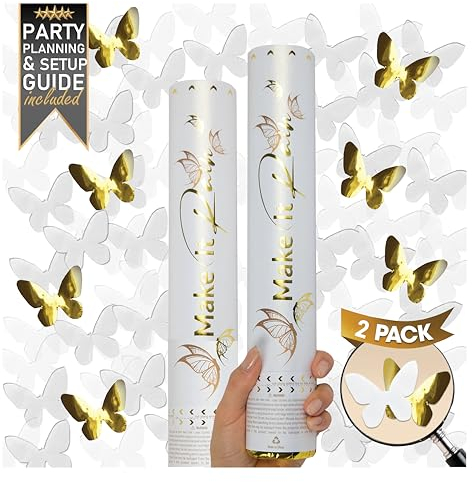 PrimePure Konfettikanone Weiß und Gold Schmetterlinge – 2 Stück – Schmetterling Konfetti Kanone Party Popper für Hochzeiten, Geburtstage und Festliche Veranstaltungen