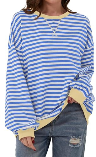 COALHO Women Striped Color Block Oversized Sweatshirt Crew Neck Long Sleeve Shirt Pullover Top Casual Loose fit Sweater