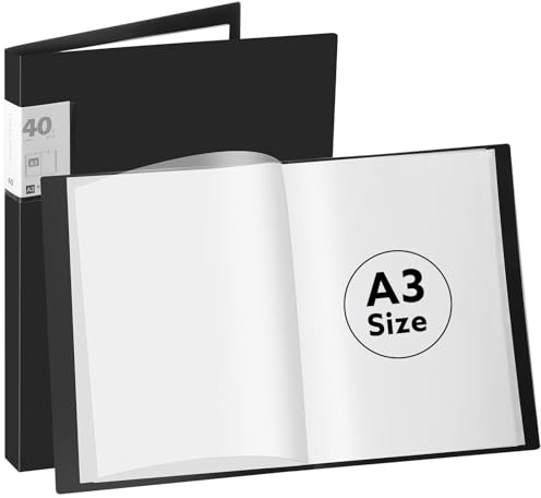 A3 Display Book Folder, 40 Pocket Presentation Portfolio Folder with Clear Plastic Sleeve for Painting Artwork Portfolio (Black)
