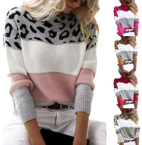 NaLatia Pull Femme Hiver Chaud Chic Pull Femmes Hiver Pull Femme Automne Hiver Longues Sweater pour Femme Pull en Tricot Imprimé léopard pour Femme Patchwork Blouse Chic Chaud Hauts Pullover Sweater