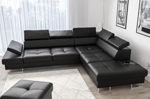 Canapé d'angle Galaxy 225 x 280 cm en cuir véritable, avec fonction couchage et coffre de lit, appuie-têtes et accoudoirs réglables, canapé d'angle droit ou gauche, design moderne (noir, droite)