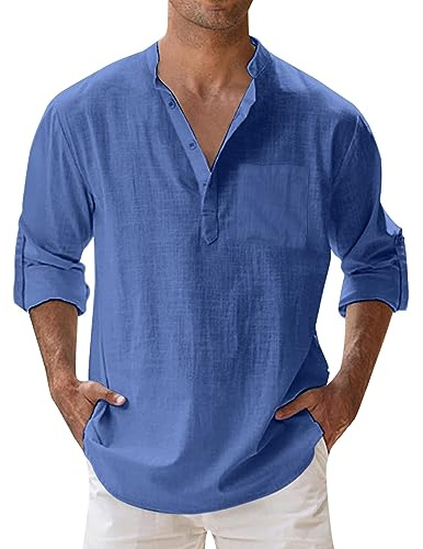 Camicia Lino Uomo Elegante Manica Lunga Henley Shirts Cotone Slim Fit Camicie da Spiaggia Casual con Bottoni 2025