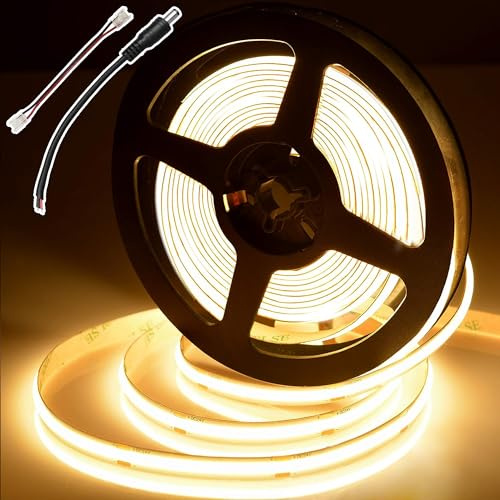 BERIXDEEP Tira LED COB 5m 480 LEDs/M, Alta Densidad Tira LED Blanco Cálido, 12V, 8 mm, 9 W/m, CRI 92+, Cinta LED sin punto para Decoración de Interiores (sin alimentación), 2700K