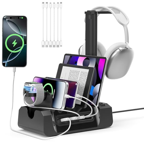 KDD Charging Station with 6 Charging Cables - Fast Charging 6 in 1 Cellphone Charging Dock with Headphone Stand and Watch Holder - 2 AC&USB A&USB C, Storage Station for Smartphone,Tablets, AppleWatch