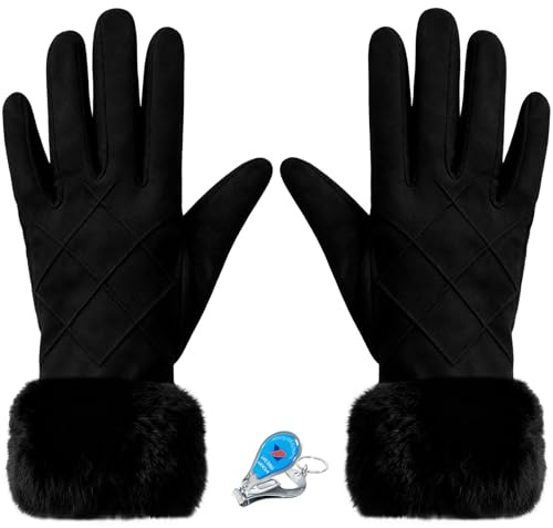 KXF Winter Warm Gloves, Womens Lady Super Soft Touch Screen Gloves Thick Fleece Lined Glove Cold Weather Windproof Outdoor Sports Handwarmers Cycling Running Mittens (Black-c)