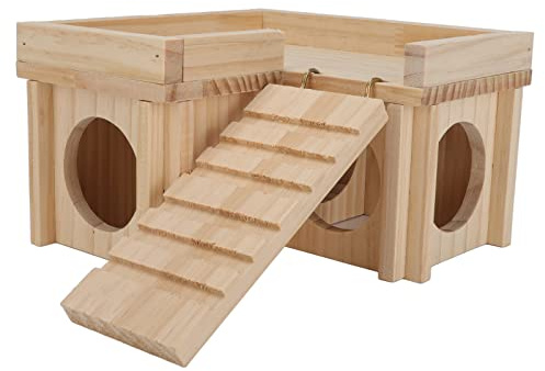 Casa de Madera para hámster con Escalera, Refugio para hámsters de múltiples Habitaciones, Juguete de túnel de ensamblaje de 3 cámaras para Mascotas pequeñas, diseño de Tronco NATU