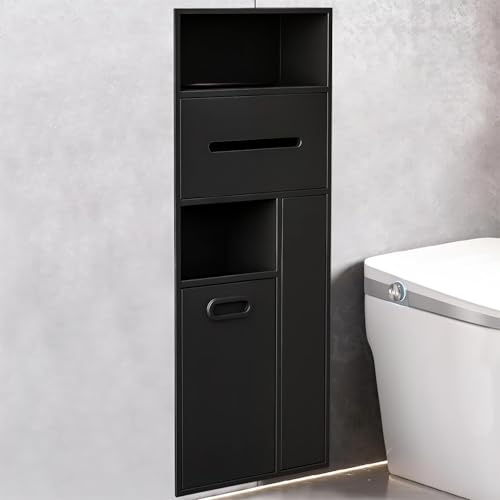 Nicho de almacenamiento de pared empotrado con cubo de basura integrado y soporte de papel higiénico para instalación en varias habitaciones