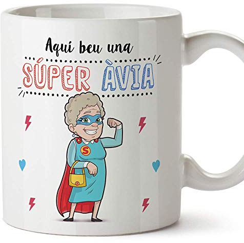 MUGFFINS Taza Abuela (En Catalán) - Aquí beu una Súper Àvia - Taza Desayuno/Idea Regalo Original/Día de la Madre para Abuelitas. Cerámica 350 mL