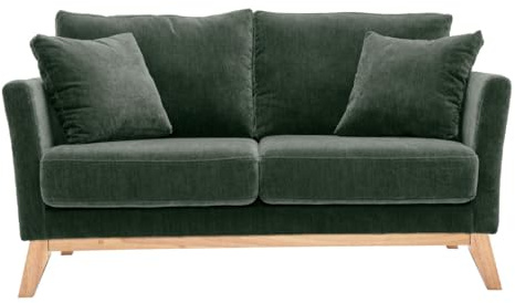 Miliboo Divano scandinavo sfoderabile 2 posti in tessuto effetto velluto verde cachi e legno chiaro Oslo