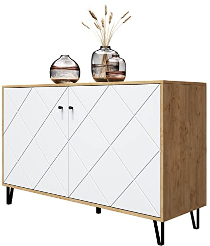 Newroom Kommode Wildeiche Weiß Matt Sideboard Skandi Modern - 123x76x40 cm (BxHxT) - Highboard Anrichte - [Loya.one] Wohnzimmer Gästezimmer Büro
