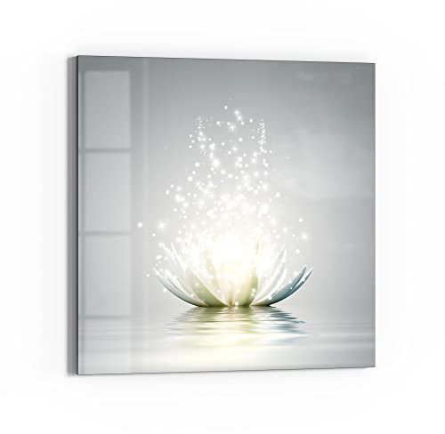 DEQORI Glasbild Echtglas | Motiv Funkelnde Lotusblüte | quadratisch einteilig 50x50 cm | schöne Dekoration | Wandbild für Wohnzimmer, Schlafzimmer, Flur & Küche | moderne Wanddeko