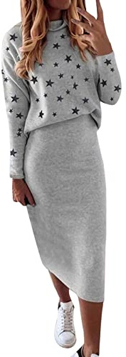 Générique Robe en Tricot Femme Ensemble 2 Pièces Pull Haut et Midi Jupe Tricoté Pull à Col Roulé Robe Tricotée (Gris, L)