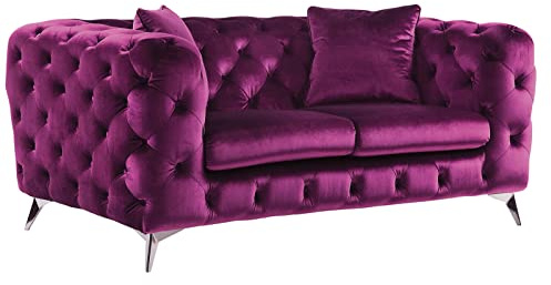Luxury Classic Chesterfield Button Tufted Fabric Upholstered Armchair Loveseat Couch Furniture with Square Arms and Chrome Metal Legs for Home Office Living Room (Purple Loveseat) (Purple Loveseat)