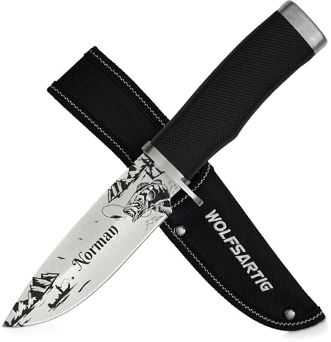 WOLFSARTIG Angelmesser mit Namen – Geschenke für Angler – Geburtstag, Vatertag, Weihnachten – personalisierbares Messer für Männer (ohne Ständer)