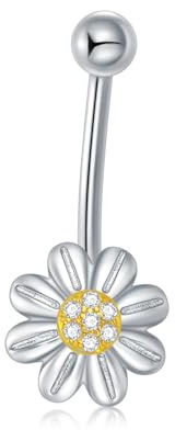 HUKKUN Daisy Belly Button Ring Sterling Silver Daisy Flower Belly Ring 14G Daisy Navel Jewellery for Women