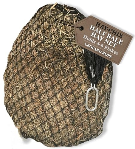 hay chix Hay Net for Horses | Slow Feed Hay Bag Feeder | Marine-Grade UV Treated Nylon | Holds 4-6 Flakes | Half Bale Net (1 3/4 Holes) Leopard Rope Color