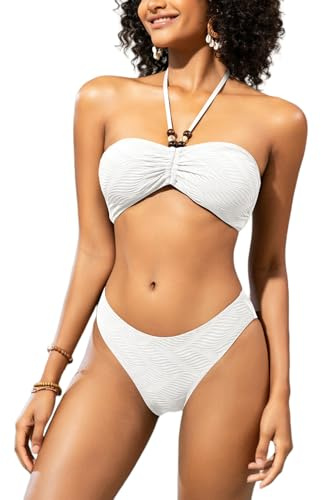 SHEKINI Donne Texture Titolare Bandeau Perline Cravatta Indietro String Bikini Top Copertura Media Pantaloni Bikini Due Pezzi Costume Da Bagno Costumi Da Bagno, bianco, S