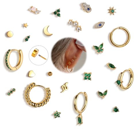 Krfy 25Pcs Hypoallergenic Surgical Steel Earrings for Sensitive Ears 14K Gold Plated Flat Back Cartilage Earrings Women Men Emerald CZ Screw Back Flatback Stud Hoop Earring Set for Multiple Piercing