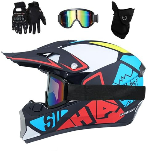 Ragazzi Bambini Integrali MTB Casco da Motocross, con Occhiali Guanti Maschera, Dual Sport Elegante Fuoristrada ATV Moto Caschi, Unisex Downhill Enduro BMX Dirt Bike Casco(A2,M/54-55CM)