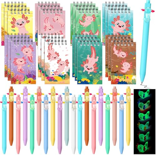 AmazingSpark 48 Pcs Axolotl Mini Notebooks Axolotl Ballpoint Pens Set Cute Animal Pocket Notepads Retractable Pens Gift for Birthday Party Favors Goodie Bag Stuffers School Classroom Rewards