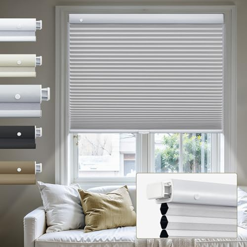 Persianas plisadas celulares sin cordón, sin taladro, sin herramientas, persianas opacas de bajo consumo con aislamiento térmico, diseño de panal de abeja, 160 cm de ancho x 198 cm de alto, color gris