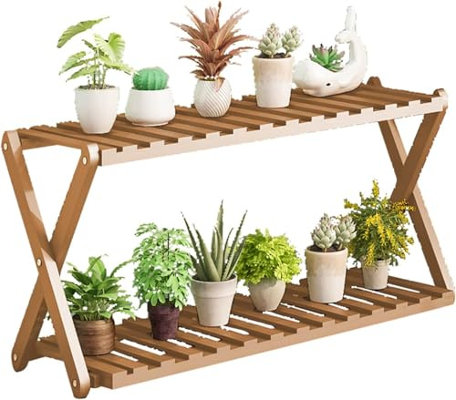 Scaffale per Scala per Piante A 2 Livelli, Supporto per Fiori in bambù, Espositore per Piante, Scaffale per Fiori, Mensole per Fioriere Ad Angolo, Scaffale per Fiorier, Brown, 47 * 25 * 50 cm