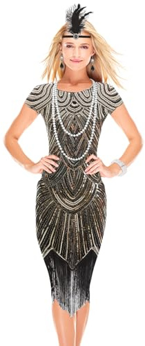 DHNDO 1920s Flapper Dresses for Women, Sequin Cocktail Dress Roaring Costumes with 20s Accessories Set (Black Gold, S)