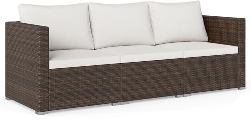 COSTWAY 3-Seater Garden Rattan Sofa, 3-Piece Sectional Patio Sofa Couch with Thick Cushions and Armrests, All-Weather Wicker Weave Outdoor Seating Bench Furniture (Mixed Brown+Off White, 193x67x61cm)