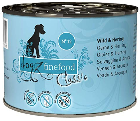 dogz finefood Hundefutter nass - N° 12 Wild & Hering - Feinkost Nassfutter für Hunde & Welpen - getreidefrei & zuckerfrei - hoher Fleischanteil, 6 x 200 g Dose