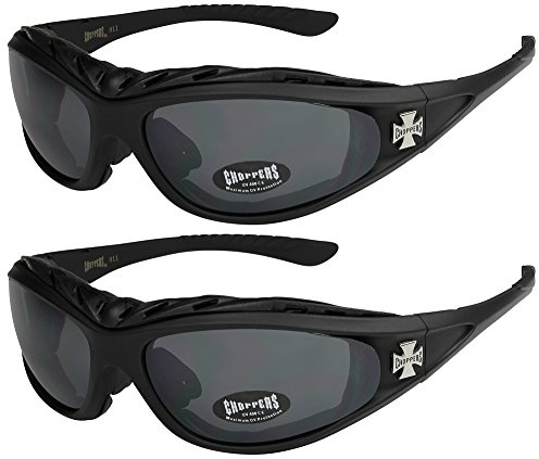 Choppers - Lot de 2 paires de lunettes de soleil avec rembourrage dans les coloris noir anthracite argent et blanc - Unisexe Femmes Hommes Moto Motocycle Motard Biker Sport Vélo Bicyclette Mode
